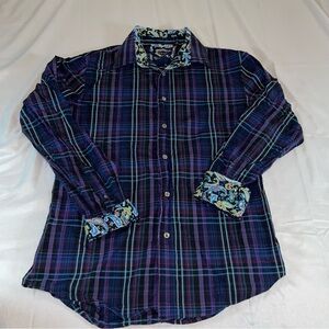Men's Navy Plaid Shirt with Paisley Trim